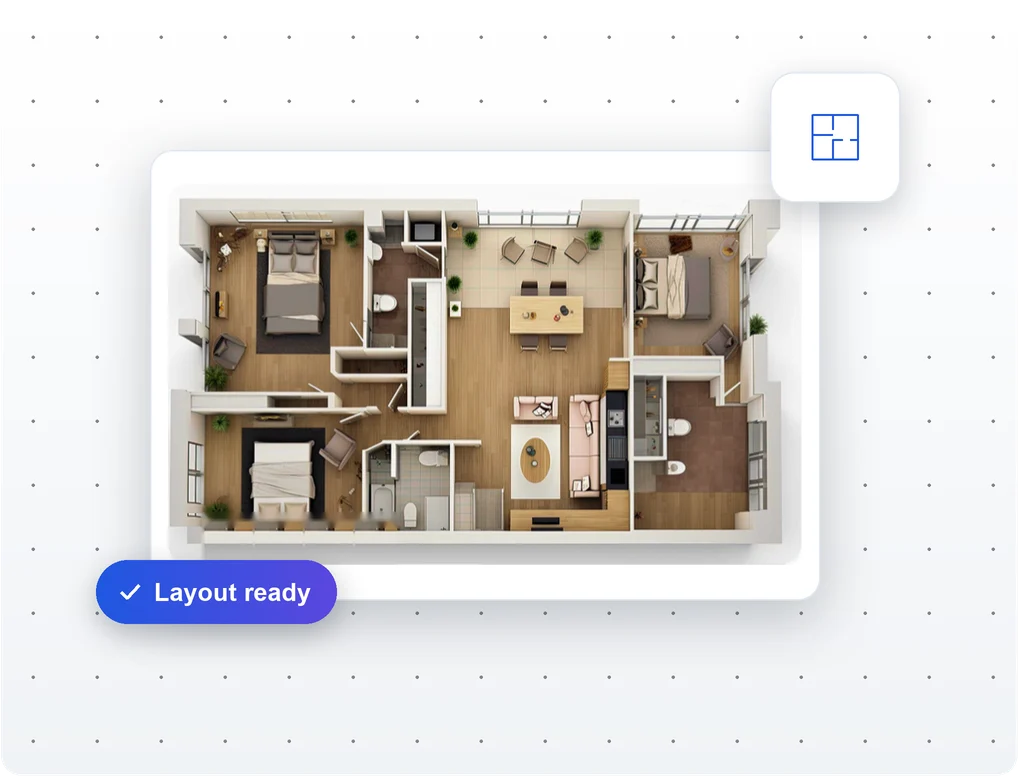An AI-generated 3D render of an apartment floor plan, marked Layout ready