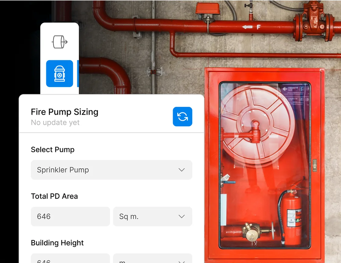 Fire fighting design calculation: fire pump sizing panel beside a hose-reel cabinet