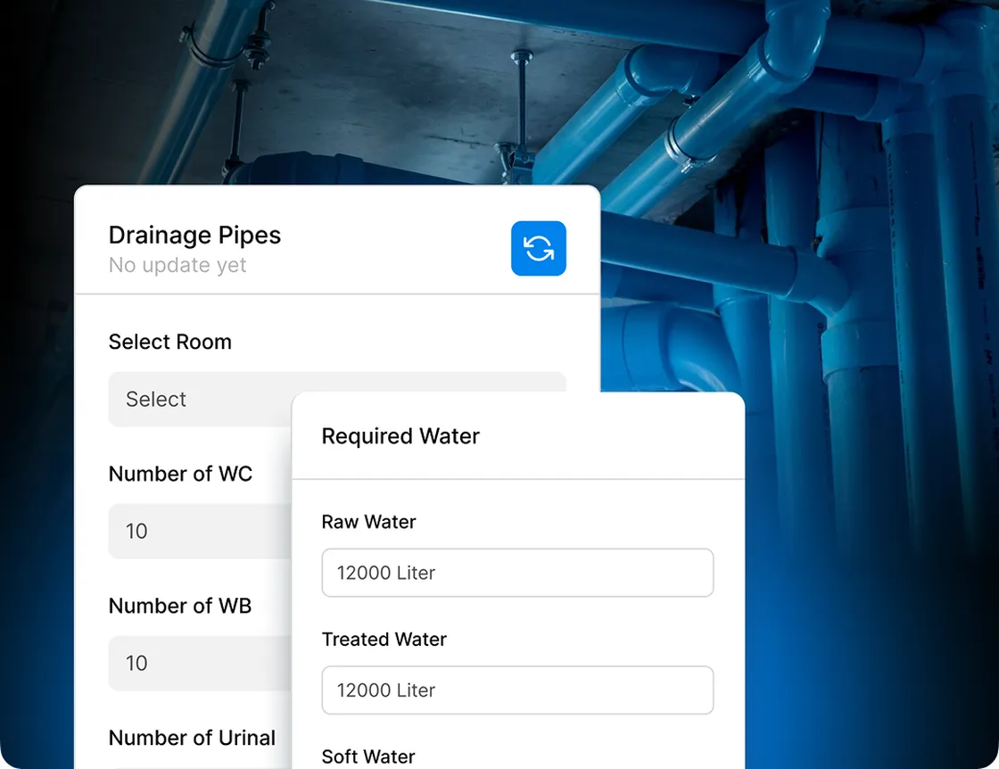 Plumbing design calculation: drainage pipe and water demand panels in front of a pipe gallery